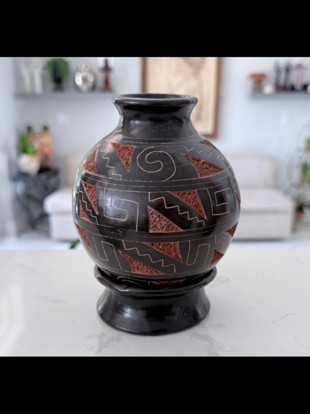 Signed Gerald Gaitan Nicaraguan Blackware Pottery Olla Vase Geometric Incised
